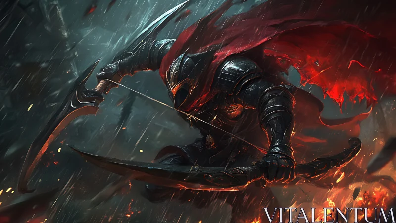Armored archer in stormlit battle with burning crimson cape.