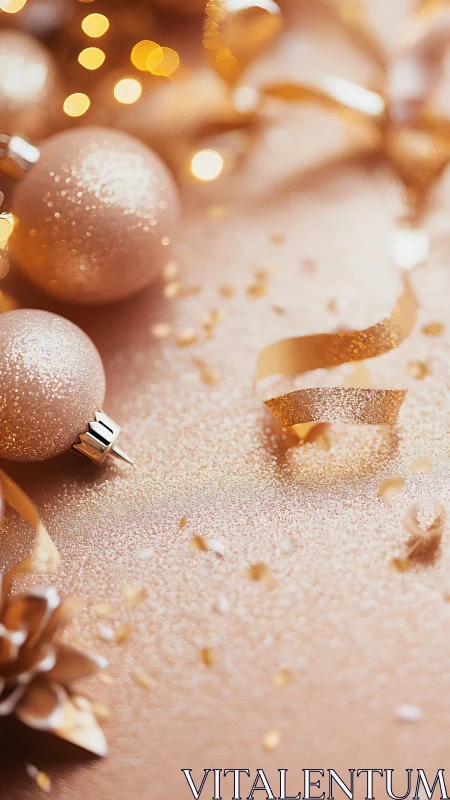 Soft golden holiday baubles with sparkling ribbon glow.