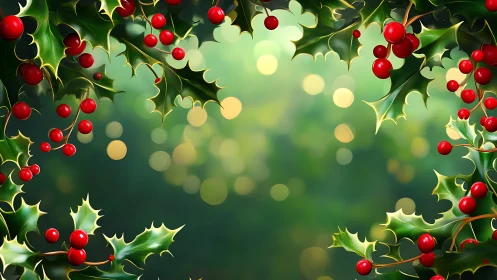 Christmas holly branches frame soft green bokeh background