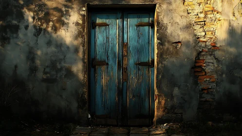 Weathered blue door cuts through crumbling shadowed wall.