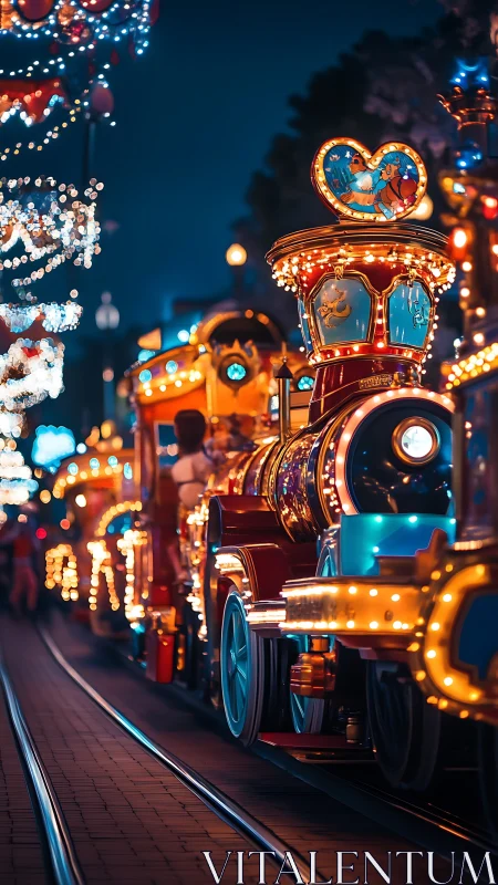 Glittering carnival train hums through midnight storylight