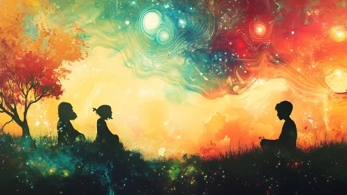 Twilight storytellers beneath a swirling cosmic sky.