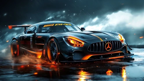 Cyber-lit AMG GT race car on wet tarmac, cinematic angle.