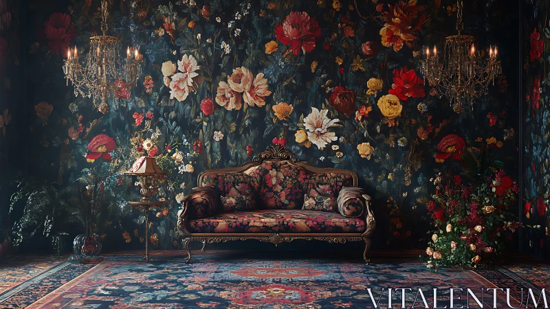 Romantic floral parlor with vintage sofa and chandeliers.