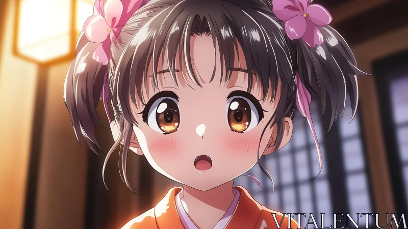 Bright eyed girl in kimono gazes up with gentle surprise