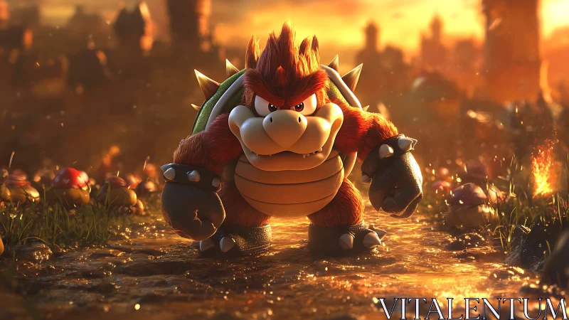 Fiery turtle warlord strides through molten battlefield at dusk.