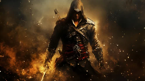 Hooded rogue in ember storm rendered as cinematic digital art
