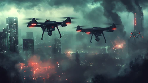 Quadcopter drones patrol a dense, smoke-filled cityscape at night