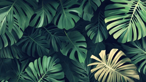 Gentle jungle of layered monstera leaves in deep greens.