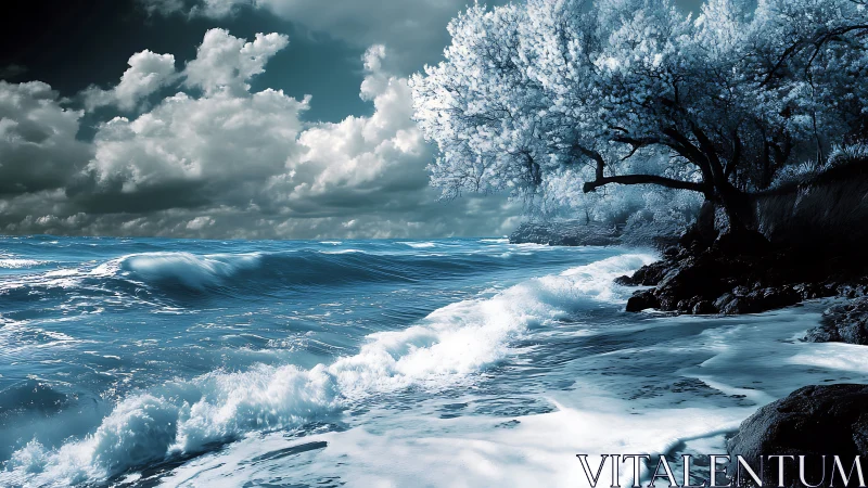 Coastline shows breaking waves under dense clouds and icy trees