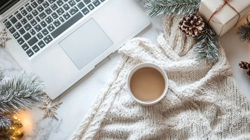 Cozy winter workspace welcomes warm coffee and gentle focus