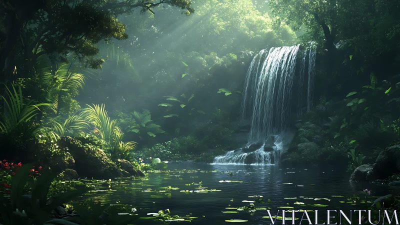 Sunlit jungle waterfall pours into a tranquil lily pond.
