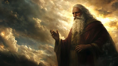 Ancient robed sage commands stormlit celestial clouds.