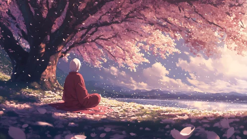 Monk meditates under luminous cherry blossoms by a lake