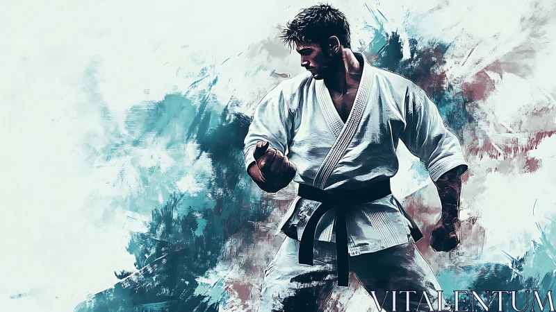 Martial artist in dynamic brushstroke motion study digital rendering.