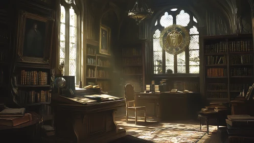 Sunlit antique library glows with dust-lit scholarly calm