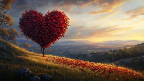 Heart-Shaped Tree Releases Red Leaves Across Autumn Valley