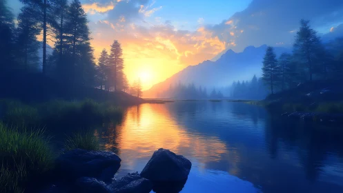 Sunrise over misty mountain lake with glowing reflections.