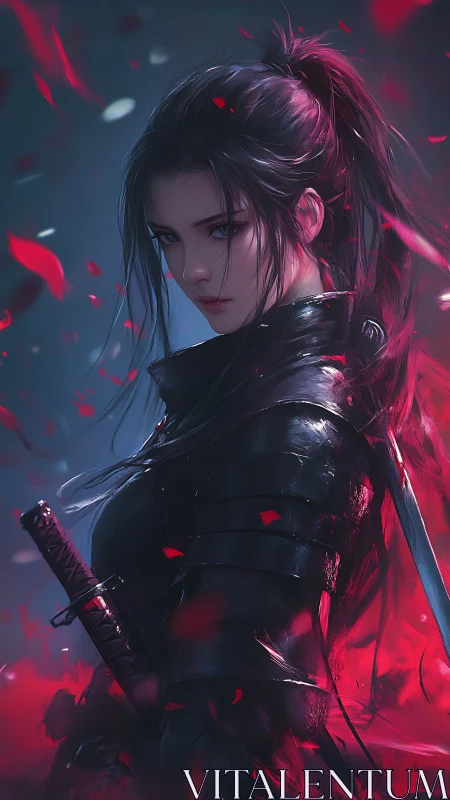 Midnight rose ronin wrapped in ember-bright falling petals.