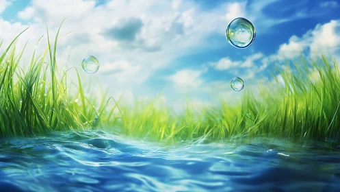 Water surface with grass and suspended droplets under sky.