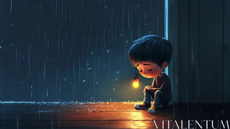 Soft glow comforts a quiet child sheltering from the rain