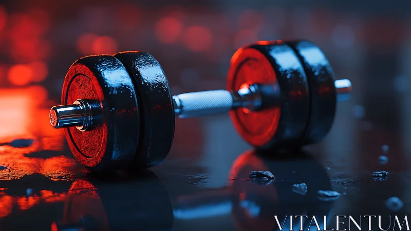 Metal dumbbells on wet reflective gym floor in close view.