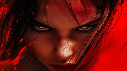 Fierce red-eyed warrior locked in an intense burning stare.