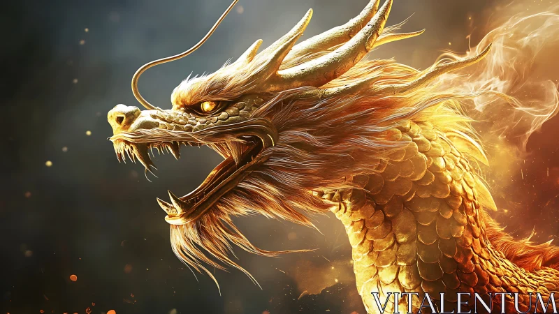 Gilded Eastern dragon head in dynamic three quarter profile view