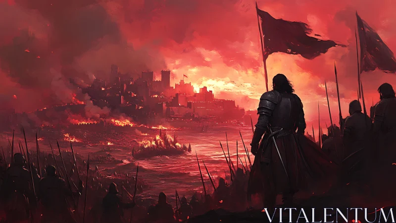 Crimson sky crowns a lone warlord before the burning city