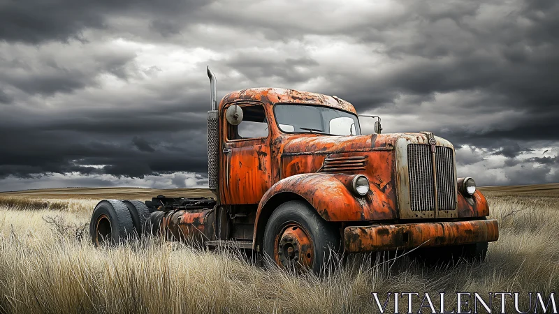 Rusting orange semi truck abandoned in stormy grassland plains.