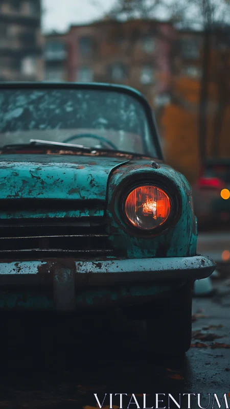 Weathered teal car front with illuminated headlight at dusk.
