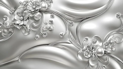 Luxurious Silver Floral Pattern with Gemstone Accents in 3D Style.