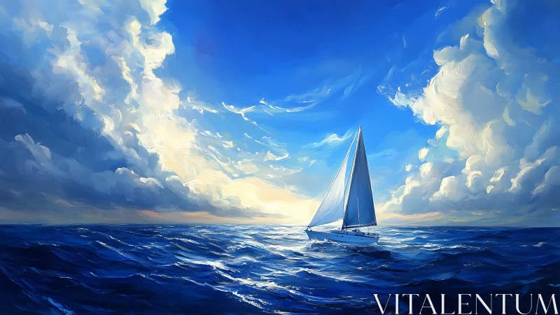 Sailboat moves across open sea under expansive cloud formations