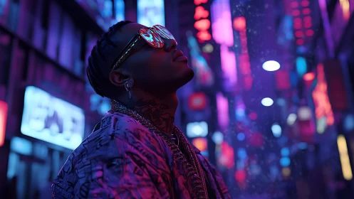 Neon dreamer drifting under holographic night rain downtown.