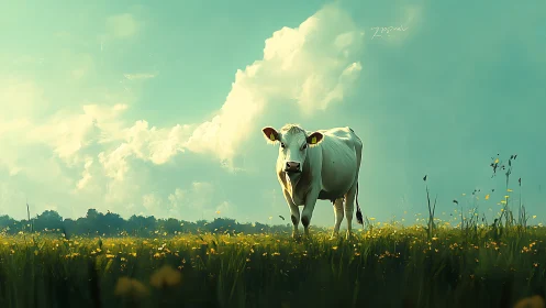 Front‑lit white cow stands centered in sunlit meadow panorama