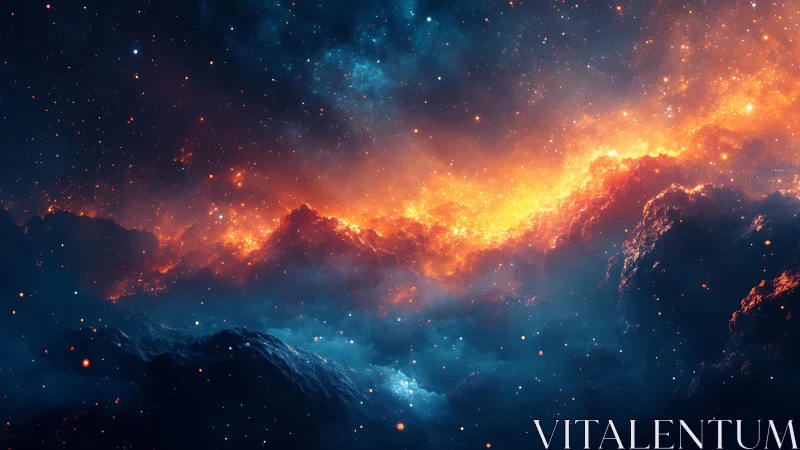 Glowing cosmic clouds painting the sky in fire and mist.