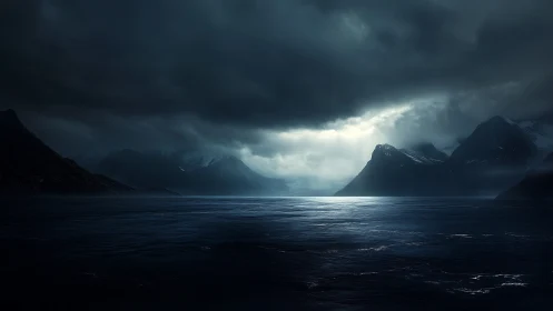 Storm-carved fjord cradles a sudden river of polar light