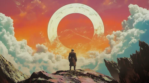 Lone wanderer beneath colossal ringed sunlit sky.