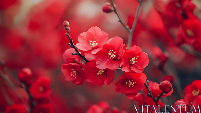 Macro floral composition: Red camellia blossoms with golden stamens and botanical depth of field