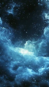 Gentle blue nebula clouds cradle a quiet starry cosmos.