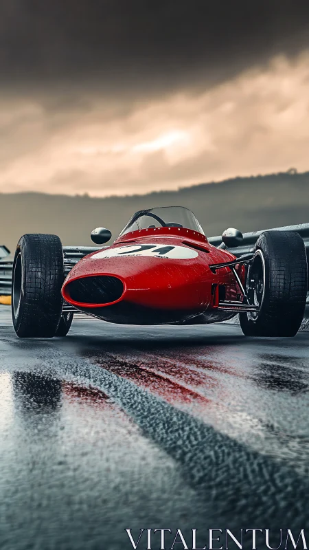 Vintage red formula race car on wet track at dusk.