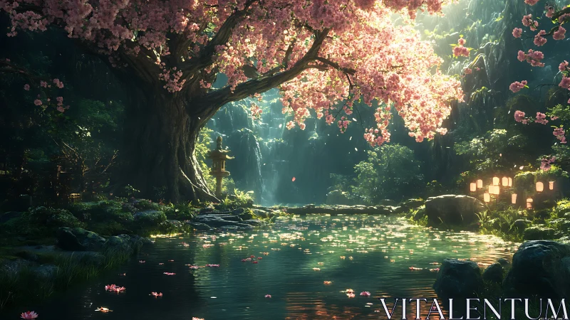 Cherry blossom tree dominates tranquil pond in lush valley