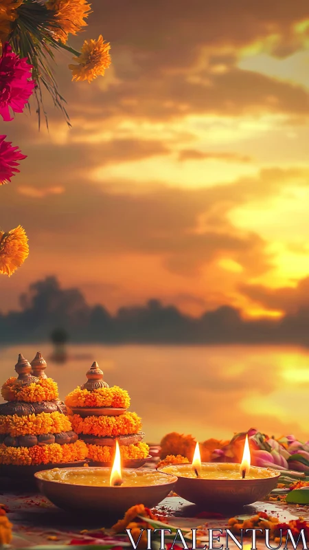 Sunset river rituals with glowing diyas and marigolds.
