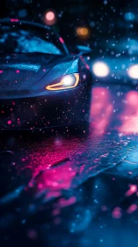 Neon rainfall turns a sleek midnight supercar into liquid light