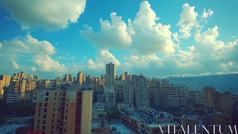 Sunlit towers beneath drifting cotton clouds over cityscape.