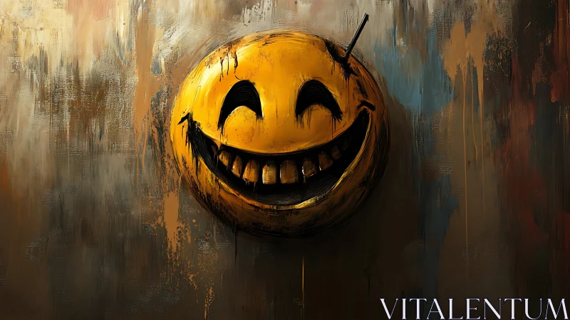 Grinning cracked smiley floats like graffiti on stormed metal