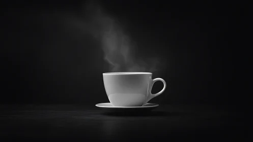 Minimalist white cup with rising steam on black backdrop.