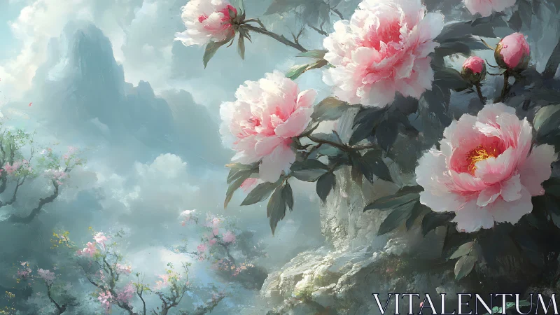 Pink peonies bloom against misty mountain landscape