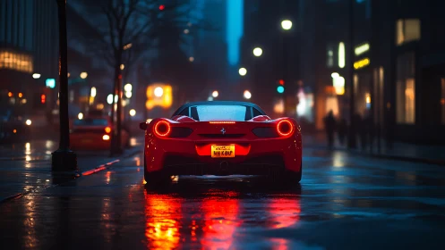 Red sports car idles in wet city street at night