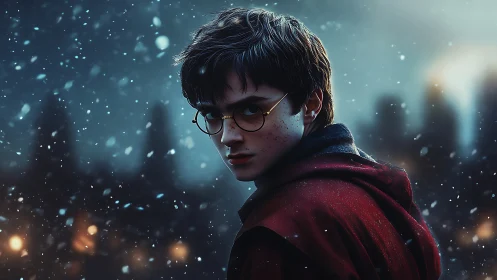 Young wizard portrait in snowy dusk atmosphere.